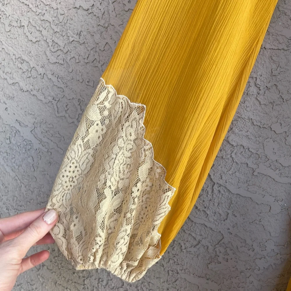 ASOS Mustard Yellow Saffron Chiffon Boho Lace Crochet Ruched Mini Dress - Picture 5 of 13